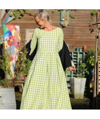 Robe Louisa - carreaux de coton vert anis en linge