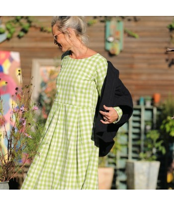 Robe Louisa - carreaux de coton vert anis en linge