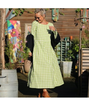 Robe Louisa - carreaux de coton vert anis en linge