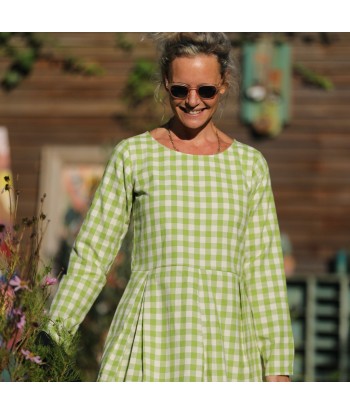 Robe Louisa - carreaux de coton vert anis en linge