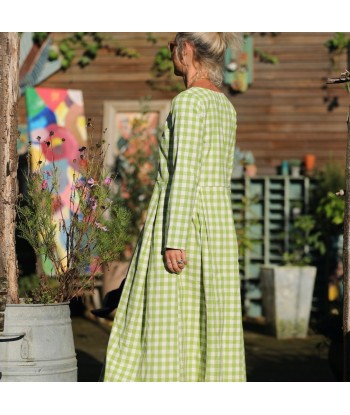 Robe Louisa - carreaux de coton vert anis en linge