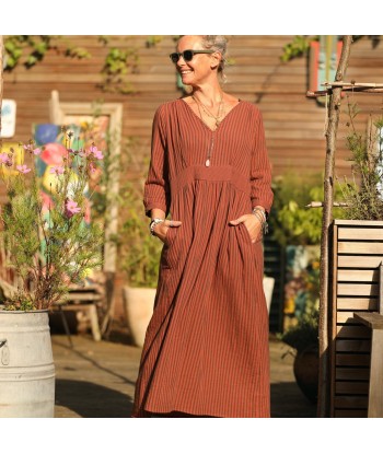 Robe Clara manches 3/4 - double gaze de coton rayée terracotta/noir Economisez 