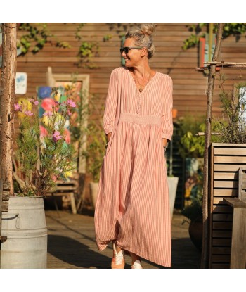 Robe Clara manches 3/4 - double gaze de coton rayée terracotta/rose poudré Pour