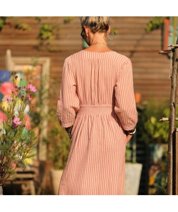 Robe Clara manches 3/4 - double gaze de coton rayée terracotta/rose poudré Pour