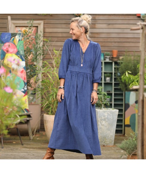 Robe Clara manches 3/4 - velours cotelé bleu océan commande en ligne