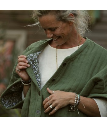 Veste kimono Yoko - double gaze de coton matelassé vert ortie/ envers fleuri l'évolution des habitudes 