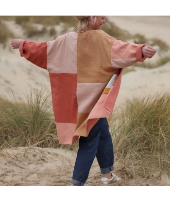 Veste Kimono patchwork Aiko en lin "coucher de soleil" doublure rose boisé Découvrez la collection