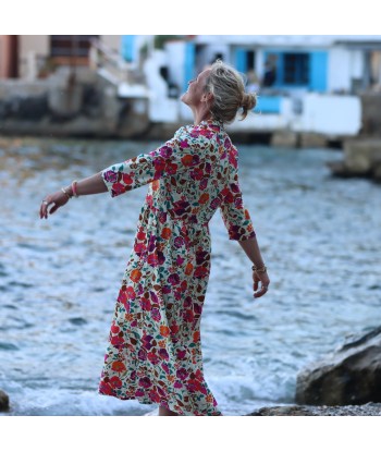 Robe Aline - coton fleuri violet orangé de France