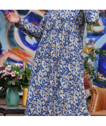 Robe Héloïse -  popeline de coton indigo fleuri chrysanthème les ctes